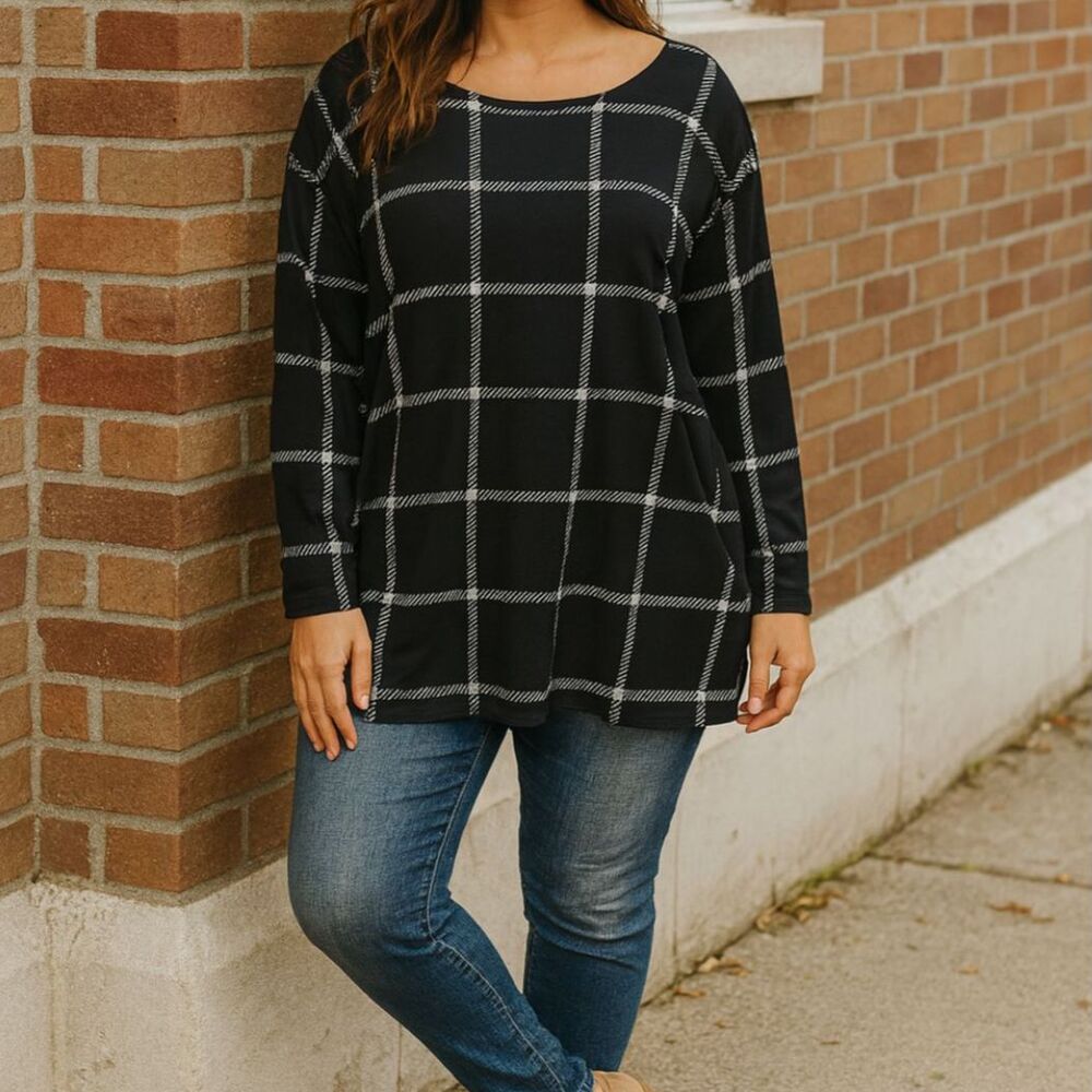 NWT Liz Claiborne Black Plaid Square Neck Casual Office Top